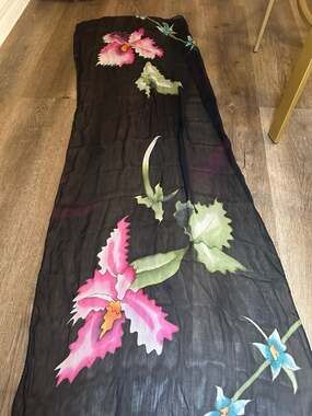 Vintage Hand Painted Floral Silk Scarf Black
